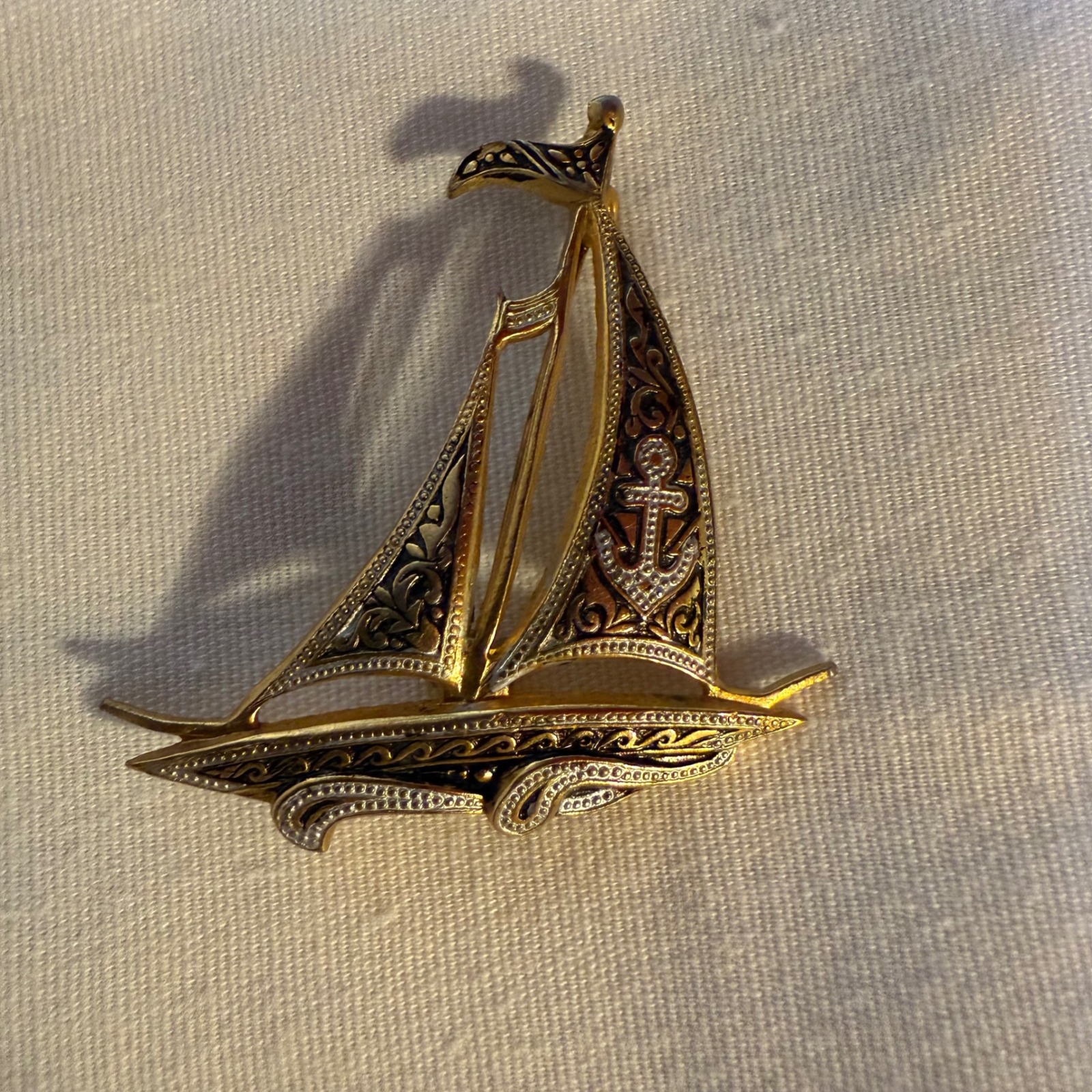 Vintage Spanish Damascene Sailboat Brooch With An Anchor And Flag Design